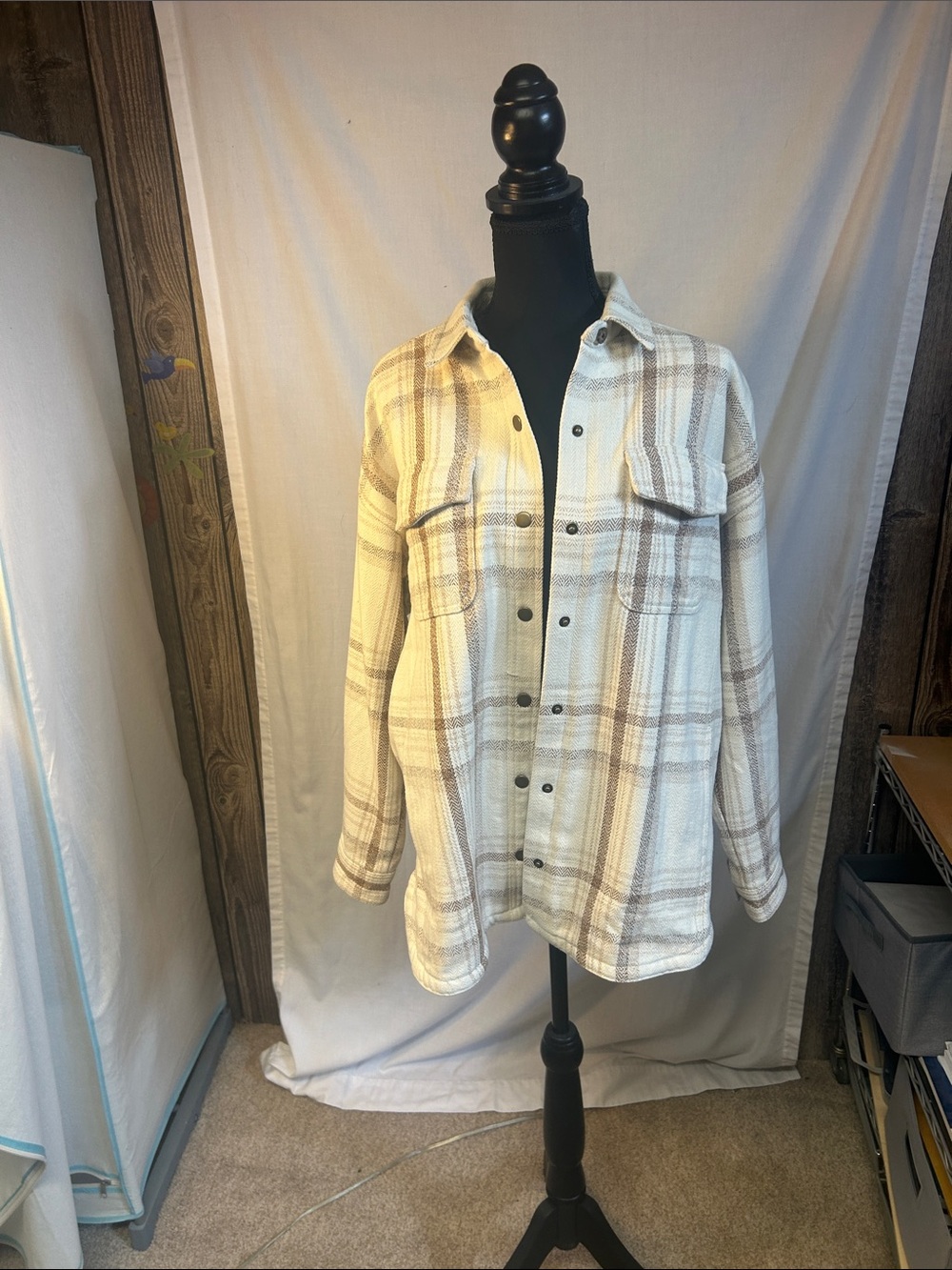 Toad&Co Plaid Utility Shacket in Cream and Taupe